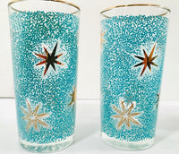 Load image into Gallery viewer, Libbey Mid-Century Partytime Star Frost Gold and Turquoise Atomic Stars Glasses (Set of 6)

