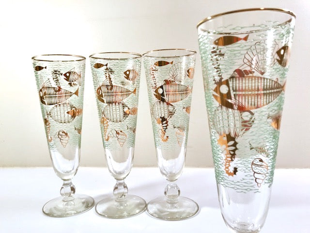 Libby MCM Caribbean Cruise Calypso Champagne Flutes Pilsner Glasses 4 Rare  1959 - South Pointe Vintage