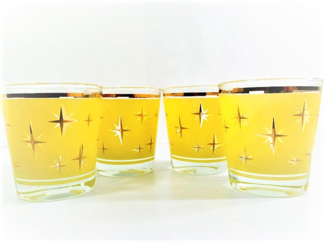Bartlett Collins Mid-Century Yellow Atomic North Star Old Fashion Glasses (Set of 4)