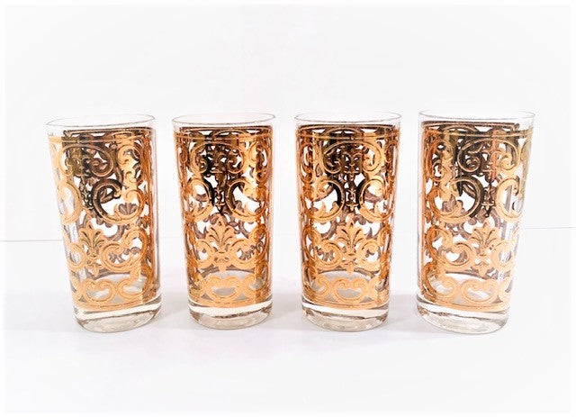 SET of 4- GEORGES BRIARD HIGH BALL GLASSES. SPANISH GOLD AND BLUE purchases PATTERN.