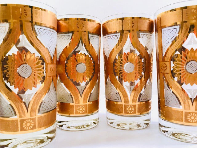 Fred Press Signed Mid-Century Golden Flower Glasses (Set of 4)