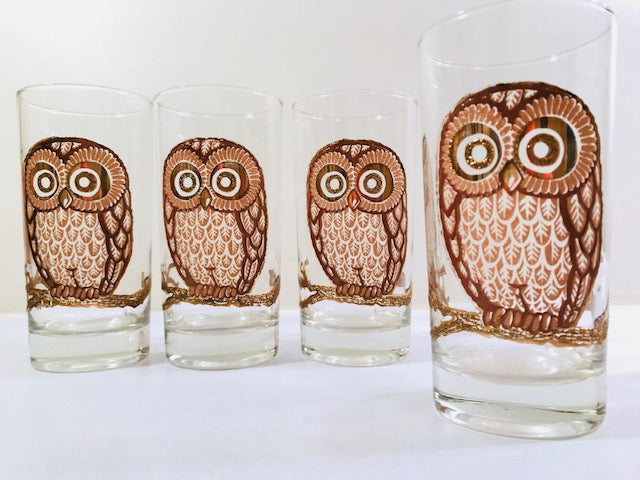 Georges Briard Signed Vintage Retro Owl Highball Glasses (Set of 4)