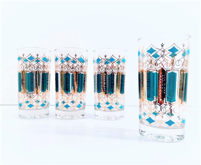 Mid-Century Green, Turquoise and 22-Karat Gold Highball Glasses (Set of 4)
