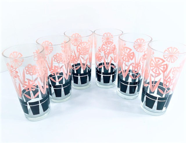 Vintage Pink and Black Blooming Flower Pots Tall Glasses (Set of 6)