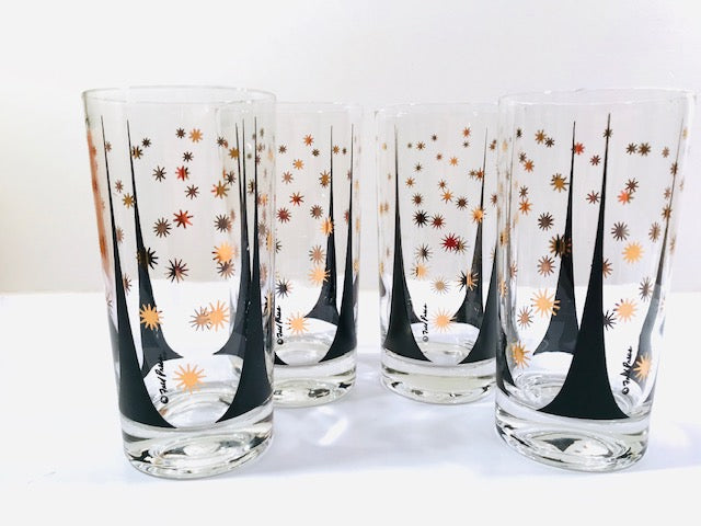 Fred Press Signed Mid-Century Black and 22-Karat Gold Atomic Triangles and Starburst Highball Glasses (Set of 4)