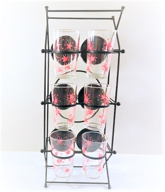 Federal Glass Mid-Century Pink Atomic Starburst Glasses with Tipsy Tim Carrier (Set of 6 with Carrier)
