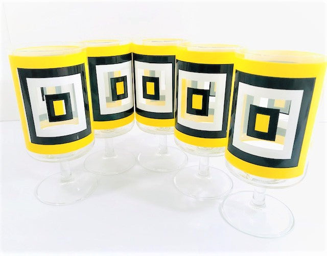 Culver Yellow and Black Retro Square Pedestal Glasses (Set of 5)