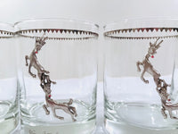 Load image into Gallery viewer, Georges Briard Signed Mid-Century Silver Rudolph the Red Nose Reindeer Double Old Fashion Glasses (Set of 4)
