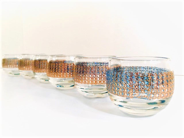 Culver Signed Mid-Century Gold Tiffany Roly Poly Whiskey Glasses (Set of 6)