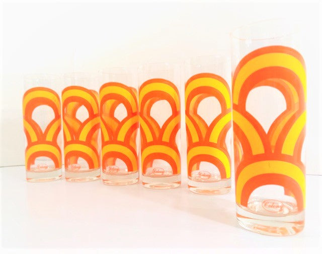 Colony Signed Yellow and Orange Retro Swirl Tall Collins Glasses (Set of 6)