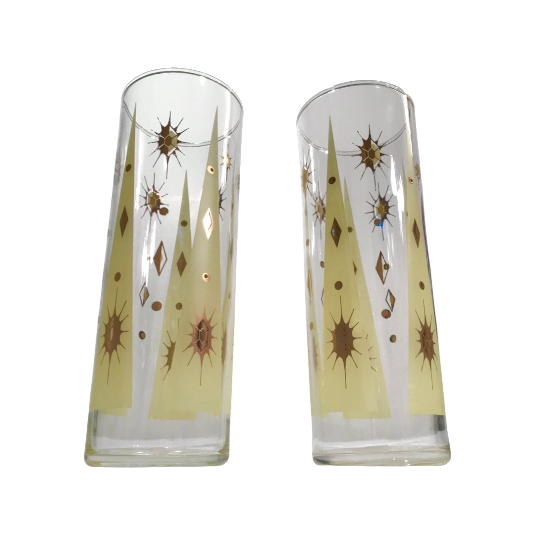 Fred Press Signed Mid-Century Yellow Atomic Burst Tall Collins Glasses (Set of 2)